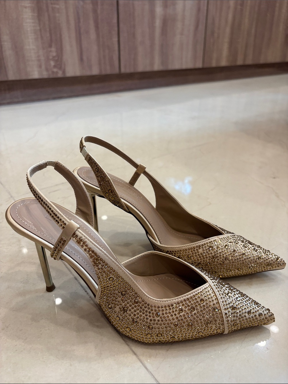 Embellished Gold Slingback Pointed-Toe Heels